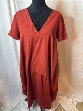 Zara Rust Orange V-Neck Short Sleeve Midi Dress